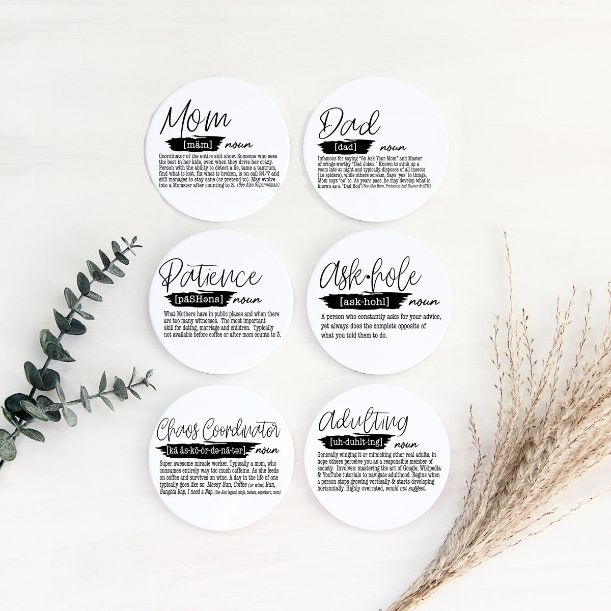 Set of 6 funny definition ceramic coasters with cork backing