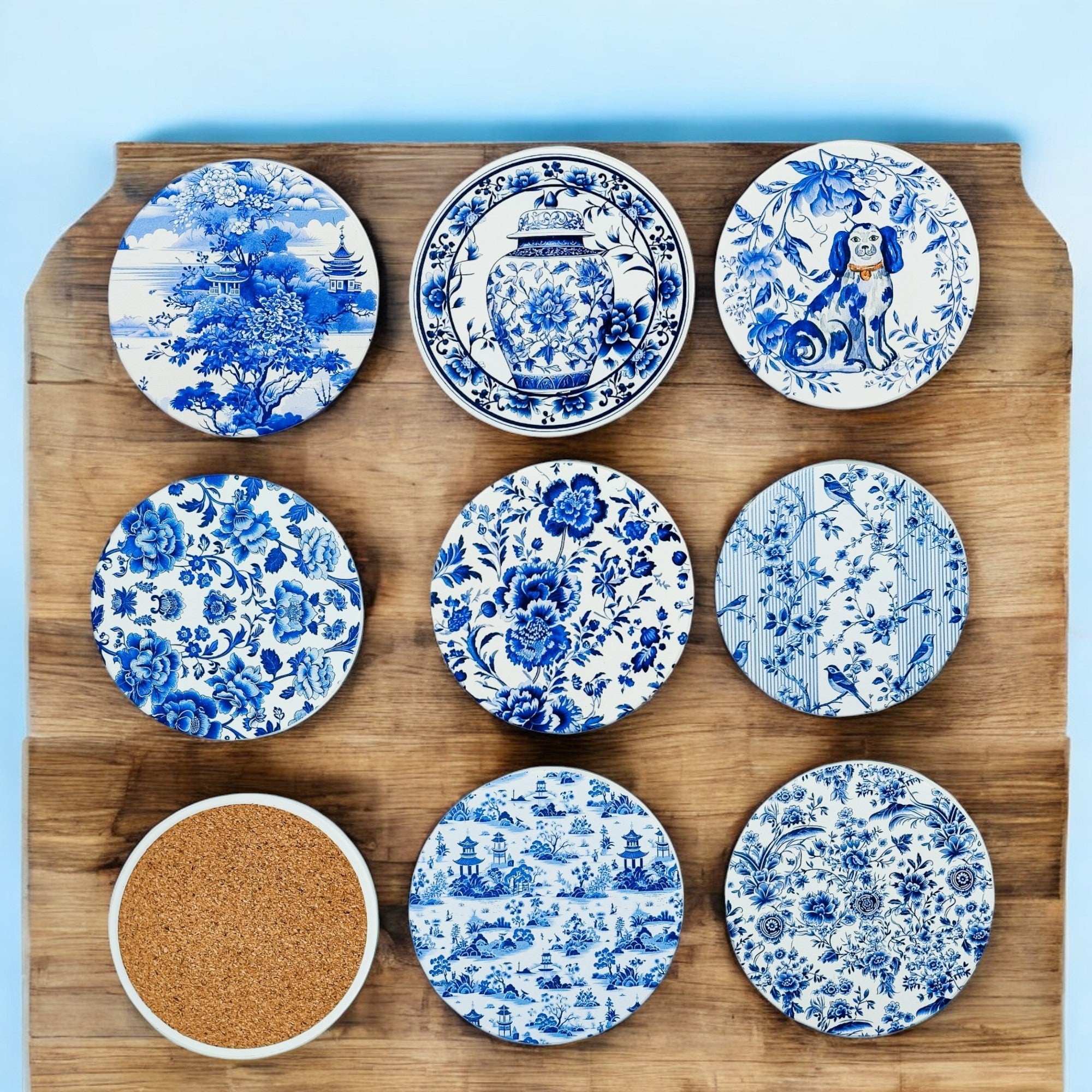 heirloom ceramic coasters Chinoiserie blue white pattern luxury ginger jar blue willow Staffordshire dogs cork back