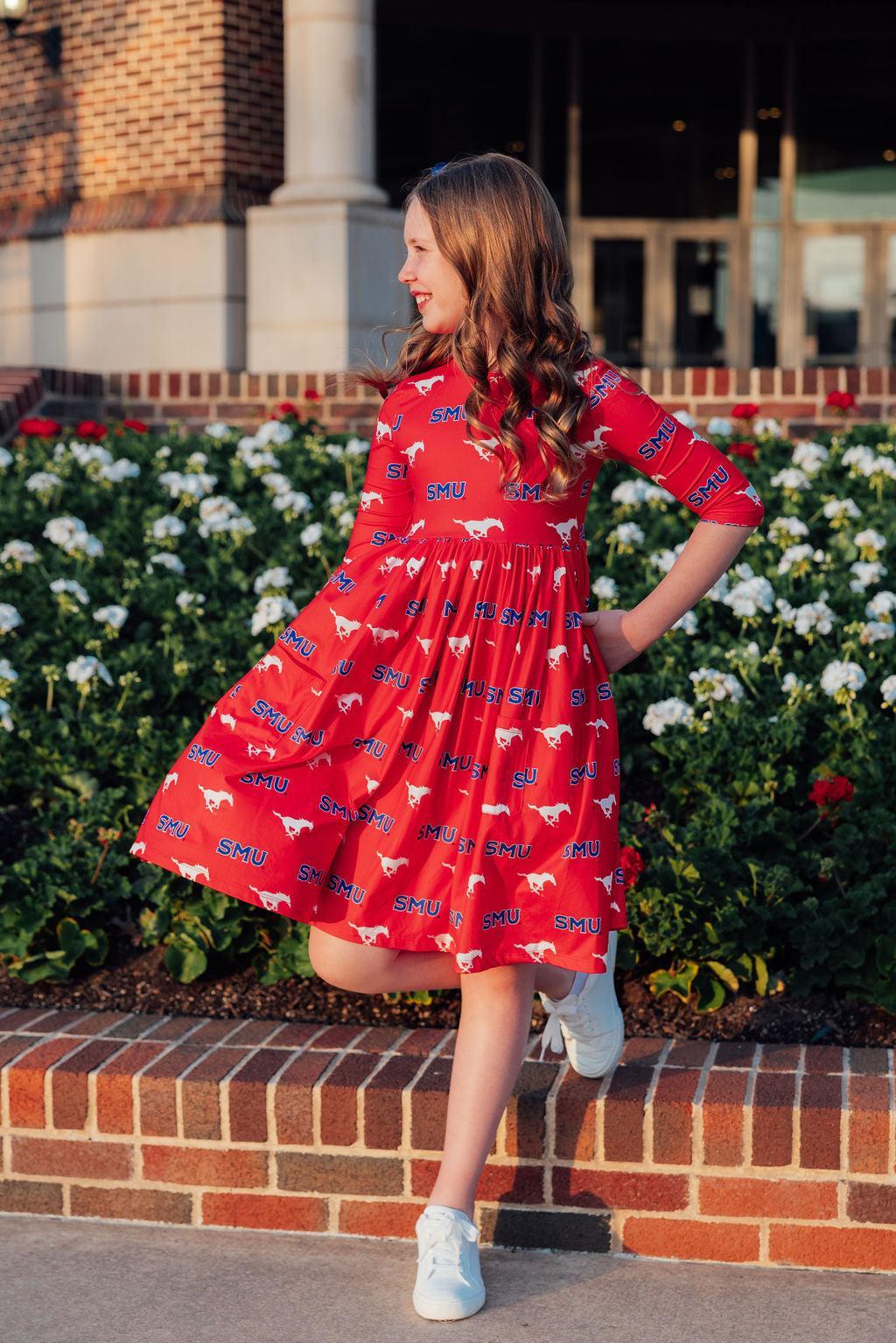 SMU Red Mustang 3/4 Sleeve Pocket Twirl Dress