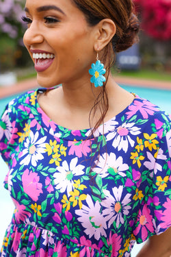 Sky Blue Daisy Flower Straw  Dangle Earrings