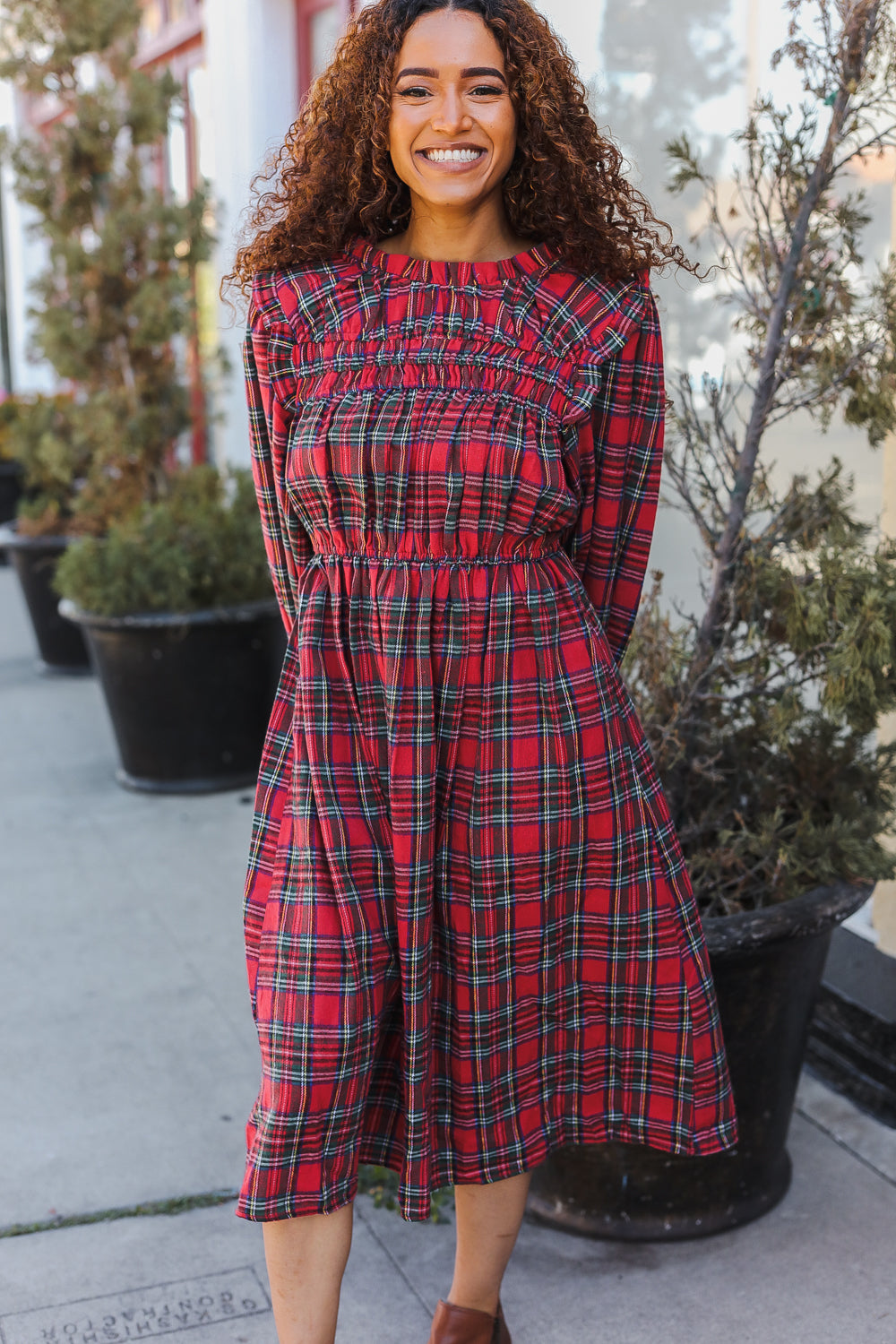 All I Want Hunter Red Plaid Check Woven Pocketed Dress