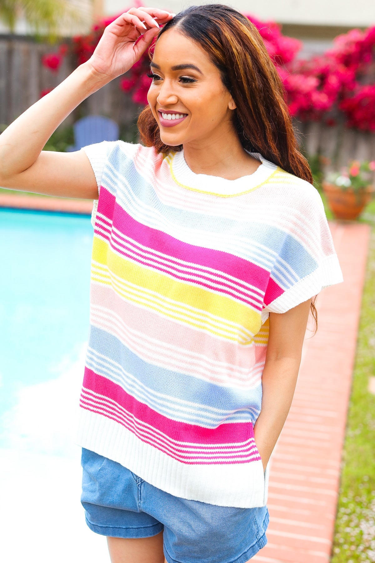 Feeling Playful Blue & Fuchsia Striped Short Dolman Sleeve Knit Top