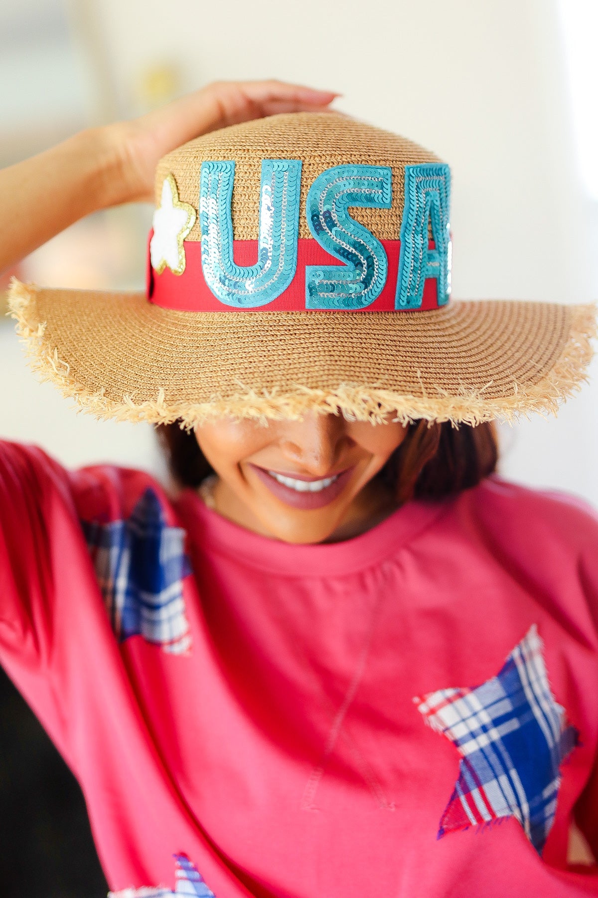 USA Sequin Frayed Edge Straw Hat (Copy)