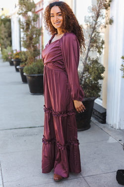 Holiday Vibes Wine Satin Front Overlap Smocked Back Maxi Dress