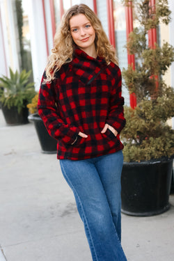 Cozy Red Sherpa Plaid Asymmetrical Zip Sweater Top