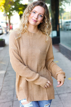 Classy Chic Taupe Mock Neck Chest Pocket Knit Sweater