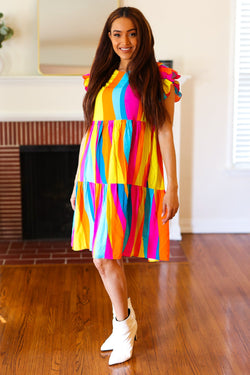 Eyes On You Multicolor Abstract Print Smocked Ruffle Sleeve Dress