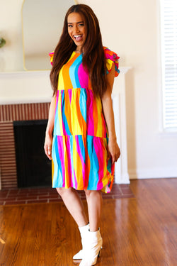 Eyes On You Multicolor Abstract Print Smocked Ruffle Sleeve Dress