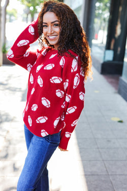 Game Day Red Football Print Jacquard Knit Sweater