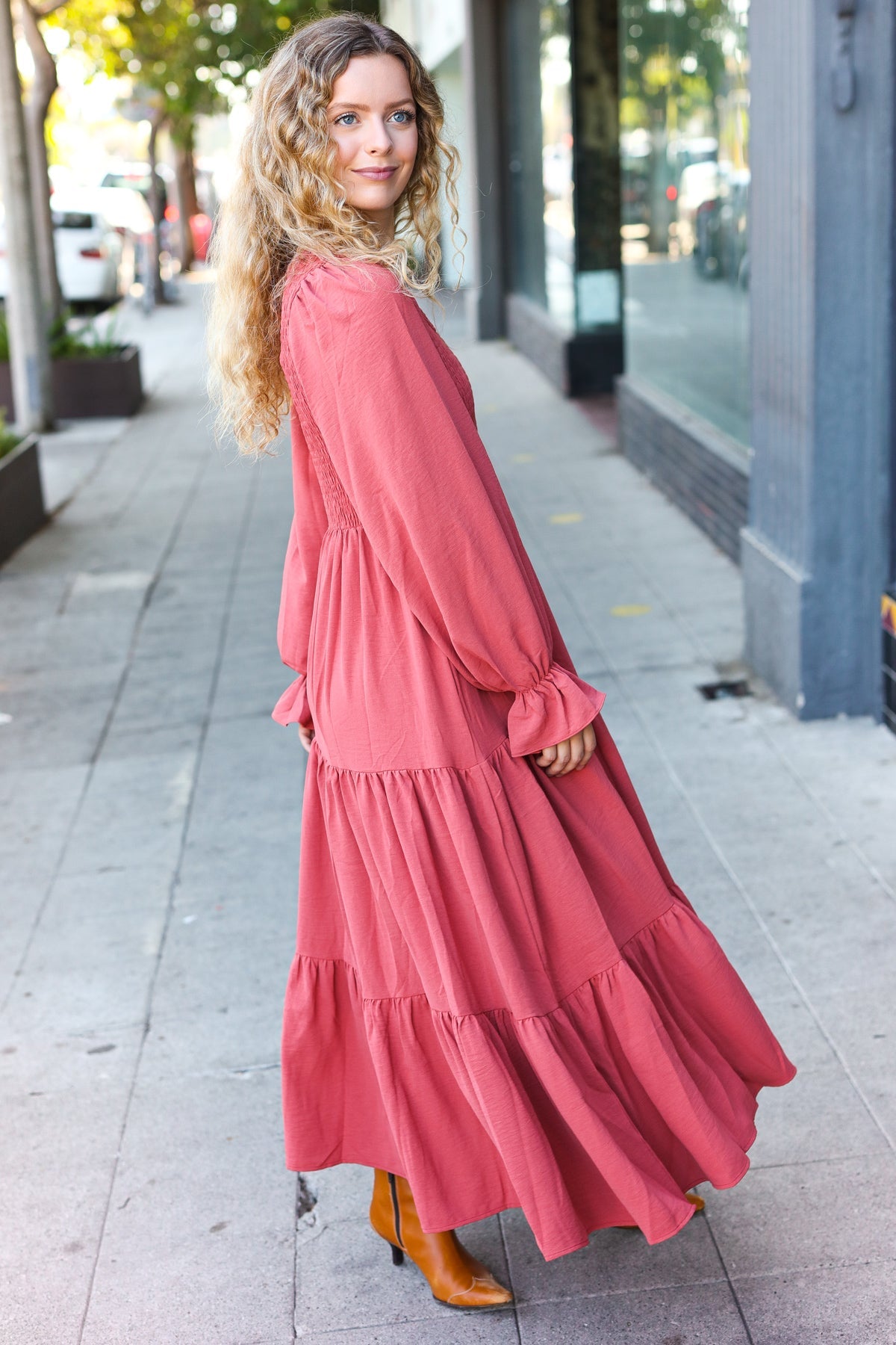 Beautiful You Lock Eyes Marsala Smocked Ruffle Sleeve Maxi Dress