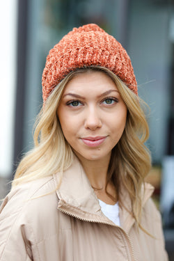 Rust Knit Velvet Chenille Fold Over Beanie