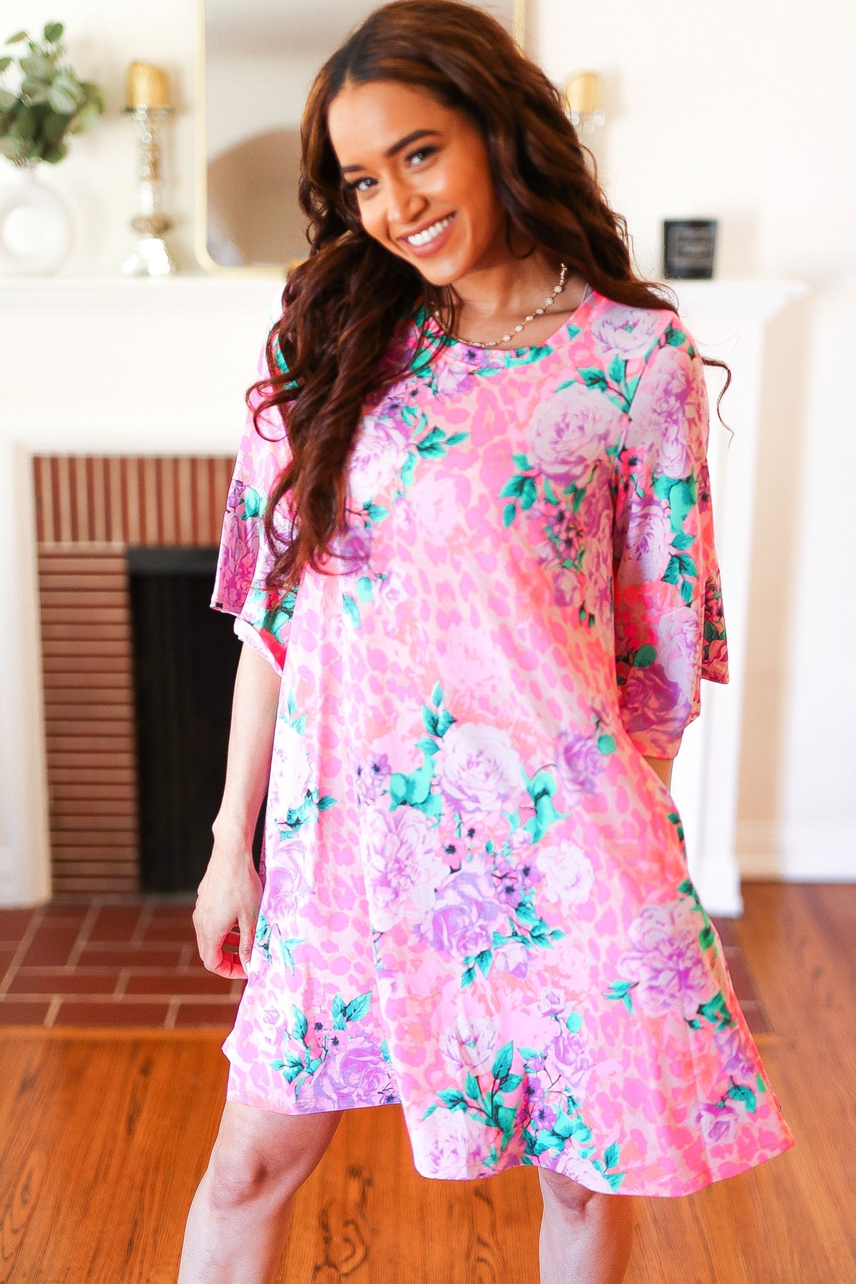 Pink Floral & Animal Print Bell Sleeve Dress