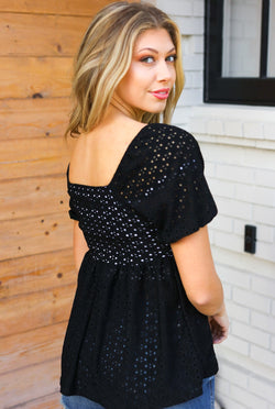 Spring Vibes Midnight Eyelet Puff Sleeve Babydoll Top