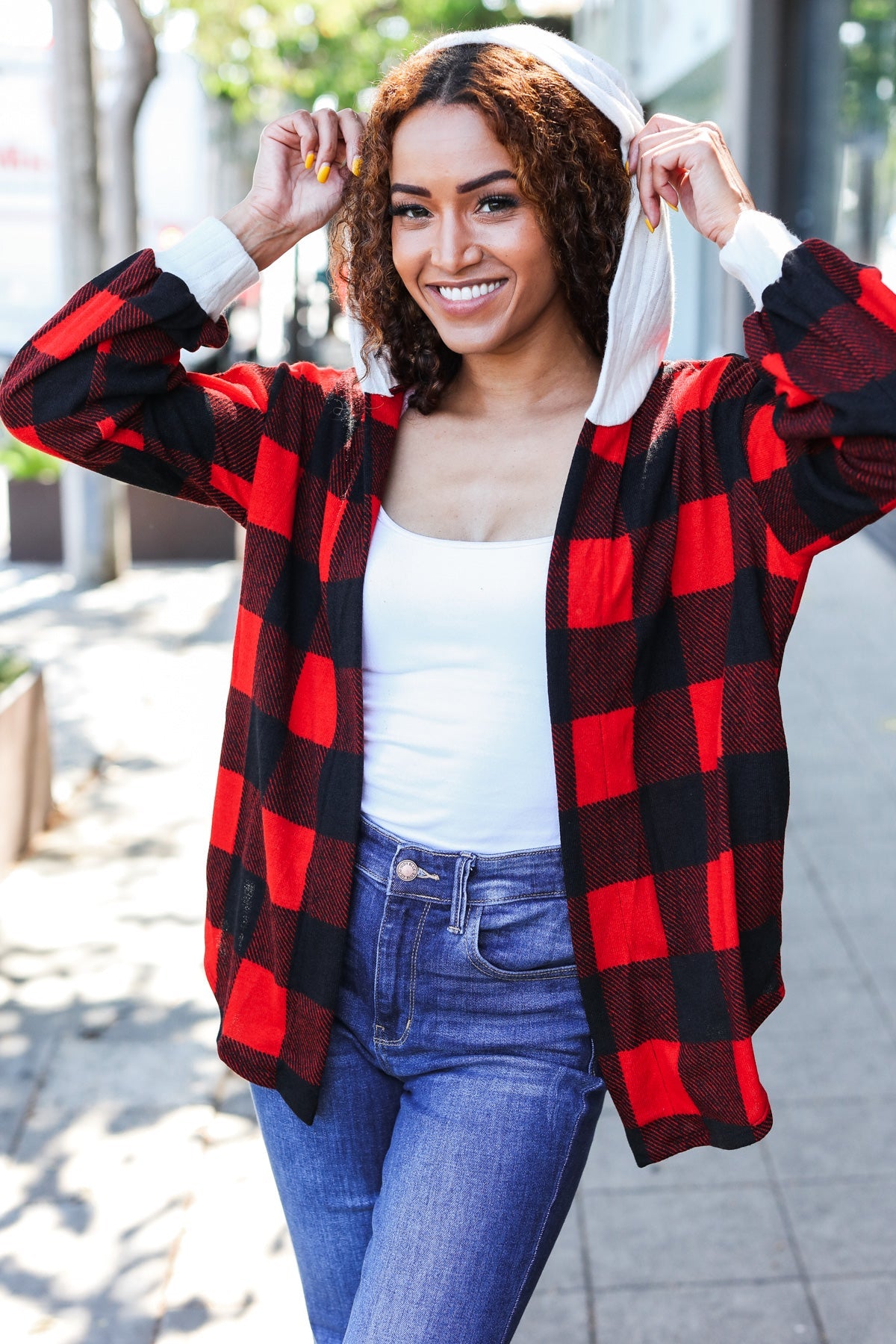 Stepping Out Red Buffalo Plaid Ribbed Hooded Sweater