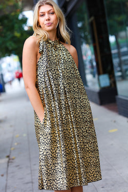 Embrace Joy Black & Gold Foil Animal Print Halter Lined Holiday Dress