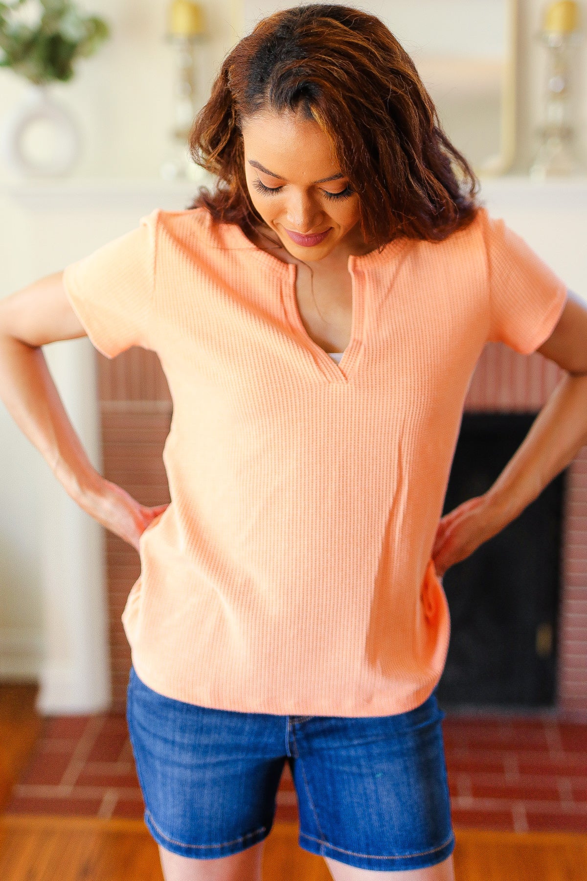 Feel Your Best Coral Baby Waffle Henley Neckline Top (Copy)