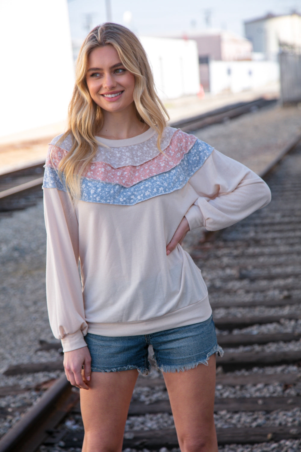 Taupe & Sky Blue Thermal Knit Out Seam Stitch Pullover