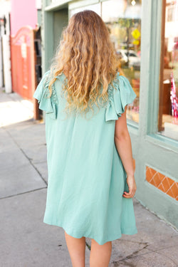 Out For The Day Sage Crinkle Woven Ruffle Sleeve Dress