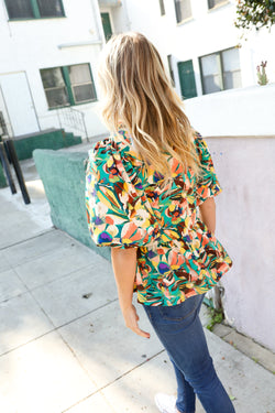 Find Love Green/Yellow Floral Frill Balloon Short Sleeve Top