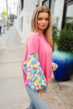 Lock Eyes Pink & Floral Bubble Sleeve French Terry Pullover