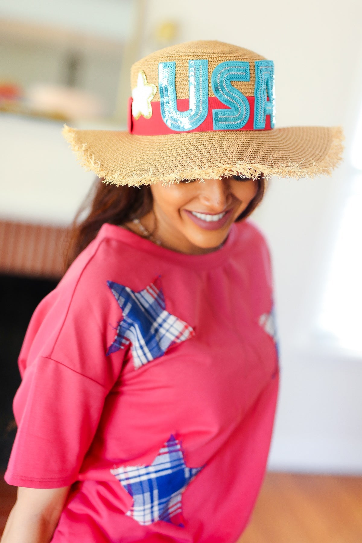 USA Sequin Frayed Edge Straw Hat (Copy)