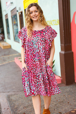 Fuchsia & Teal Abstract Dot Yoke Woven Dress