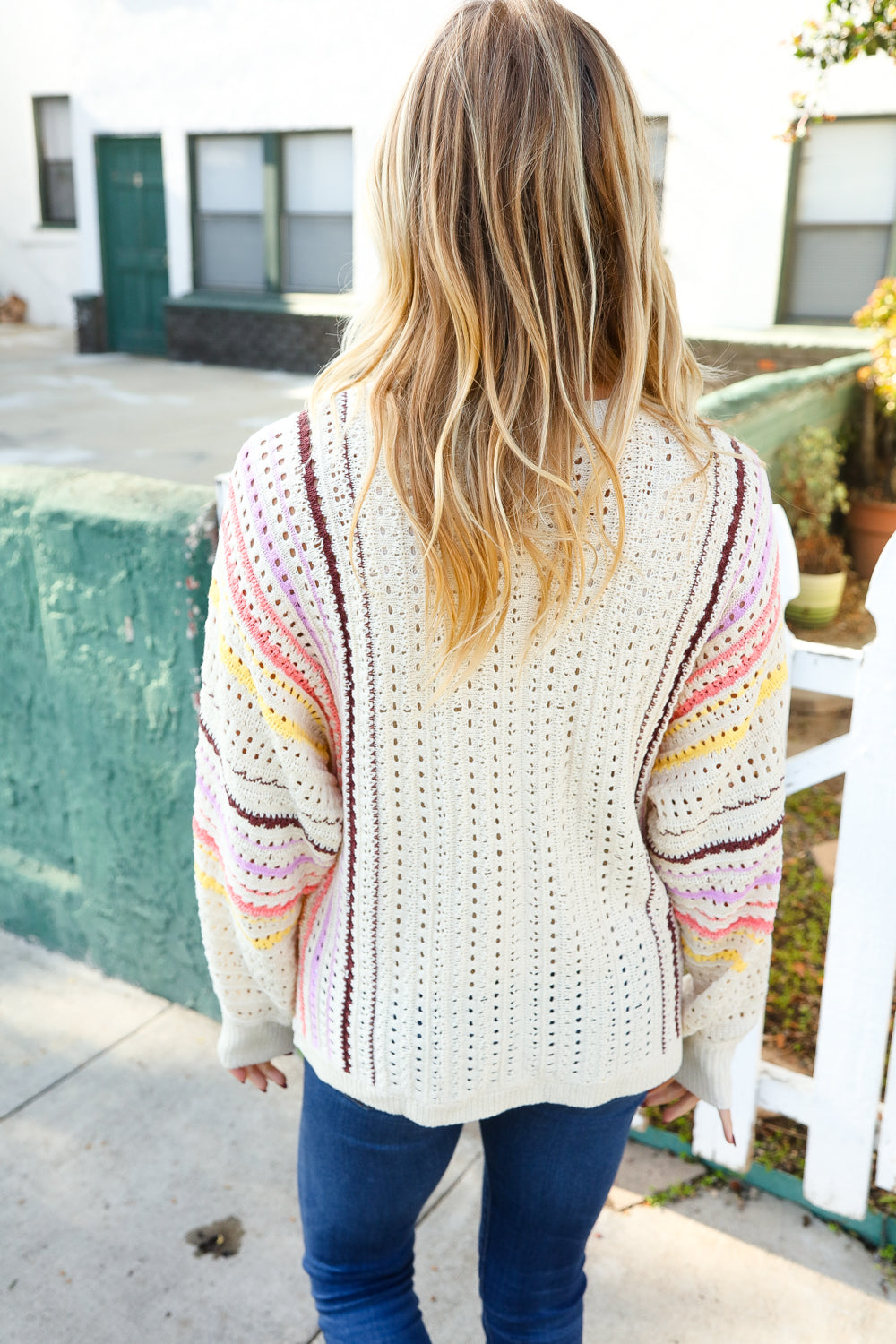 Easy Living Oatmeal Multicolor Stripe Dolman Crochet Cardigan