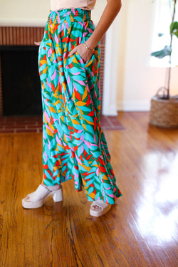 Summer Vibes Green & Orange Abstract Print Smocked Palazzo Pants