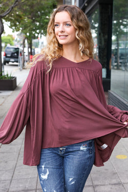 Casual Chic Wine V Neck Yoke Modal Knit Oversized Top