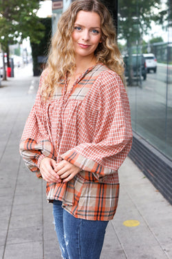 Under Your Spell Rust Plaid Color Block Notch Neck Top