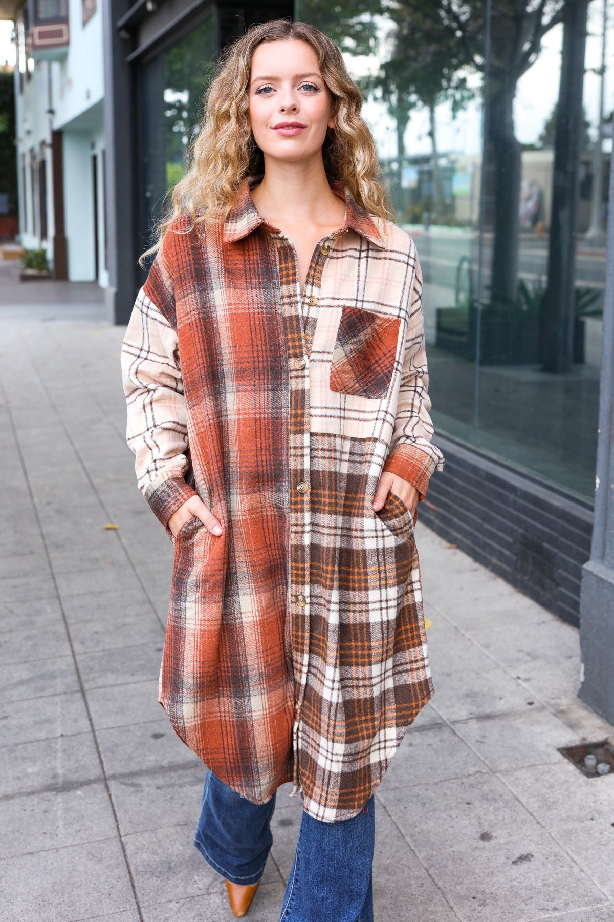 Stand Out Rust & Taupe Color Block Plaid Longline Shacket