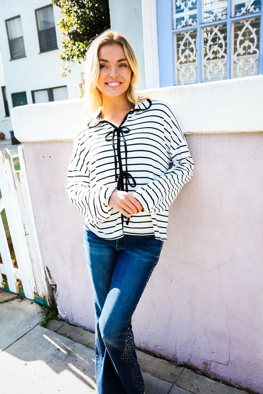 Embrace Joy Black & White Collared Stripe Ribbon Bow Tie Top