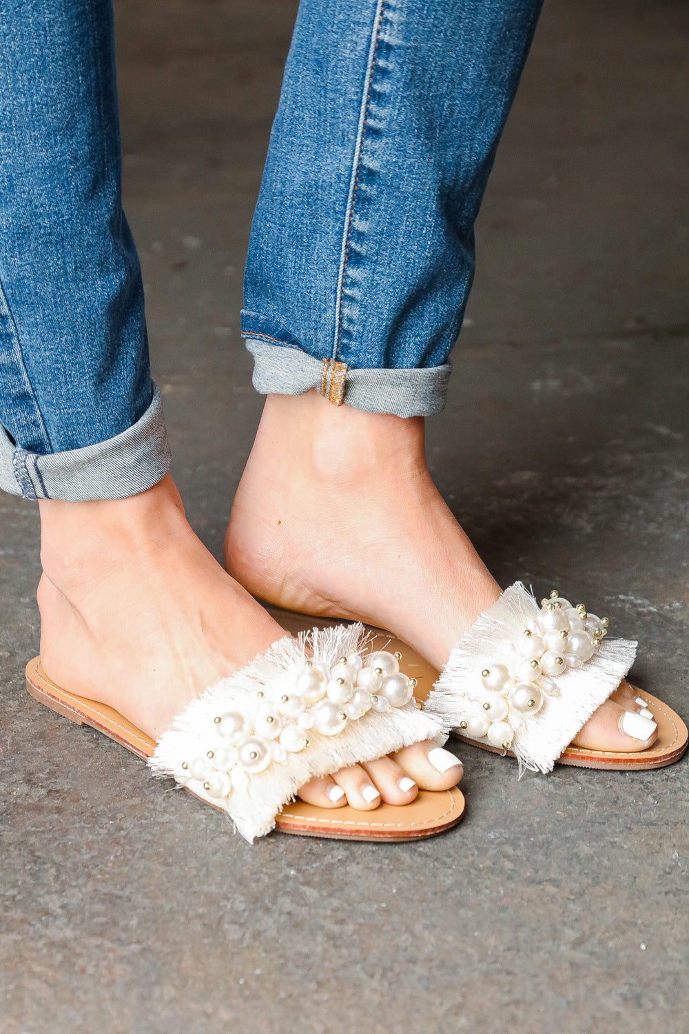 Ivory Linen Fray Beaded Faux Pearl Slide Sandal