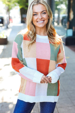 Be Bold Ivory & Rust Checker Jacquard Knit Sweater