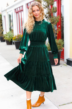 Holiday Dreaming Hunter Green Velvet Mock Neck Smocked Waist Dress