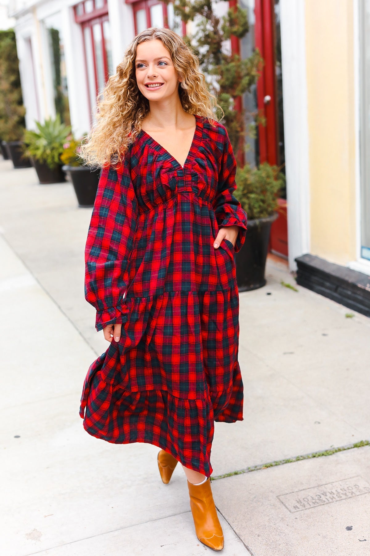 All I Want Red Plaid Elastic V Neck Tiered Maxi Dress