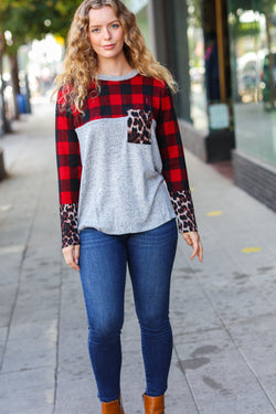 All Of Me Grey & Red Plaid Animal Print Pocketed Top