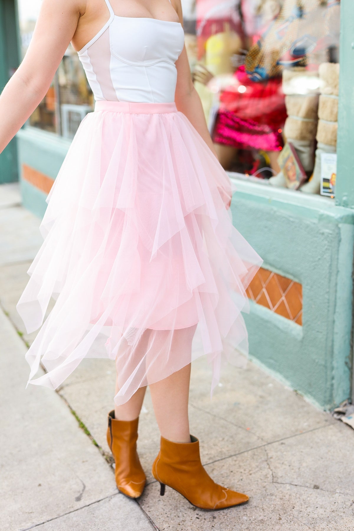 Feeling Femme' Blush Asymmetric Tiered Tulle Midi Skirt