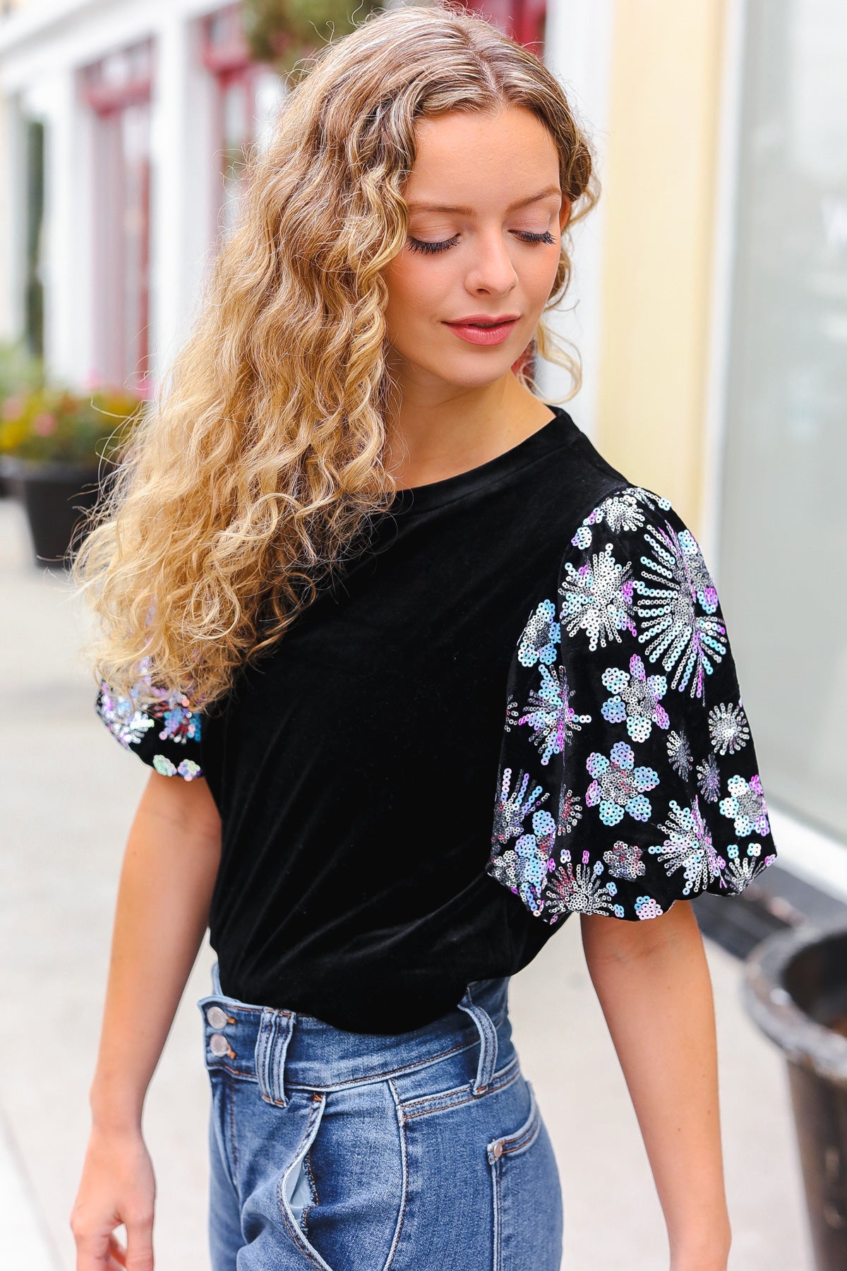 Feeling Glamorous Black Floral Sequin Puff Sleeve Velvet Top