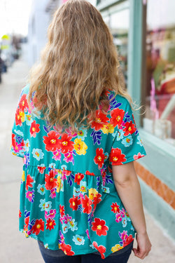 Take Me Away Teal Floral Drop Shoulder Babydoll Top