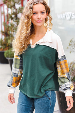 Fall For You Hunter Green Plaid Color Block Collared Terry Top