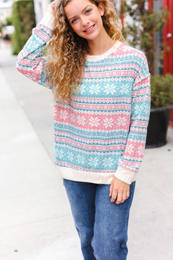 Snow White Nordic Fair Isle Print Cable Knit Hacci Sweater