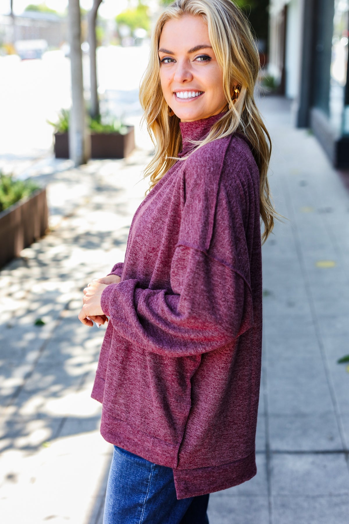 Weekend Ready Burgundy Brushed Mélange Mock Neck Sweater