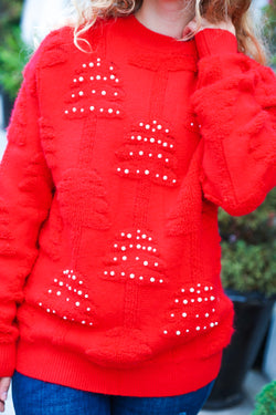 More The Merrier Red Pearl Christmas Tree Jacquard Sweater