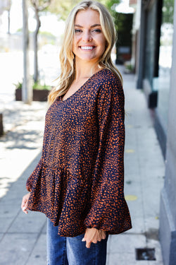 Navy & Rust Leopard Woven Babydoll Top