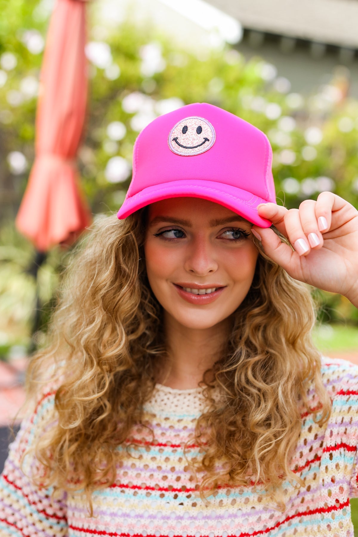 Neon Pink Glitter Smiley Face Mesh Trucker Hat