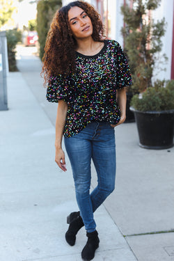 Holiday Ready Black Velvet Multicolor Sequin Puff Sleeve Top