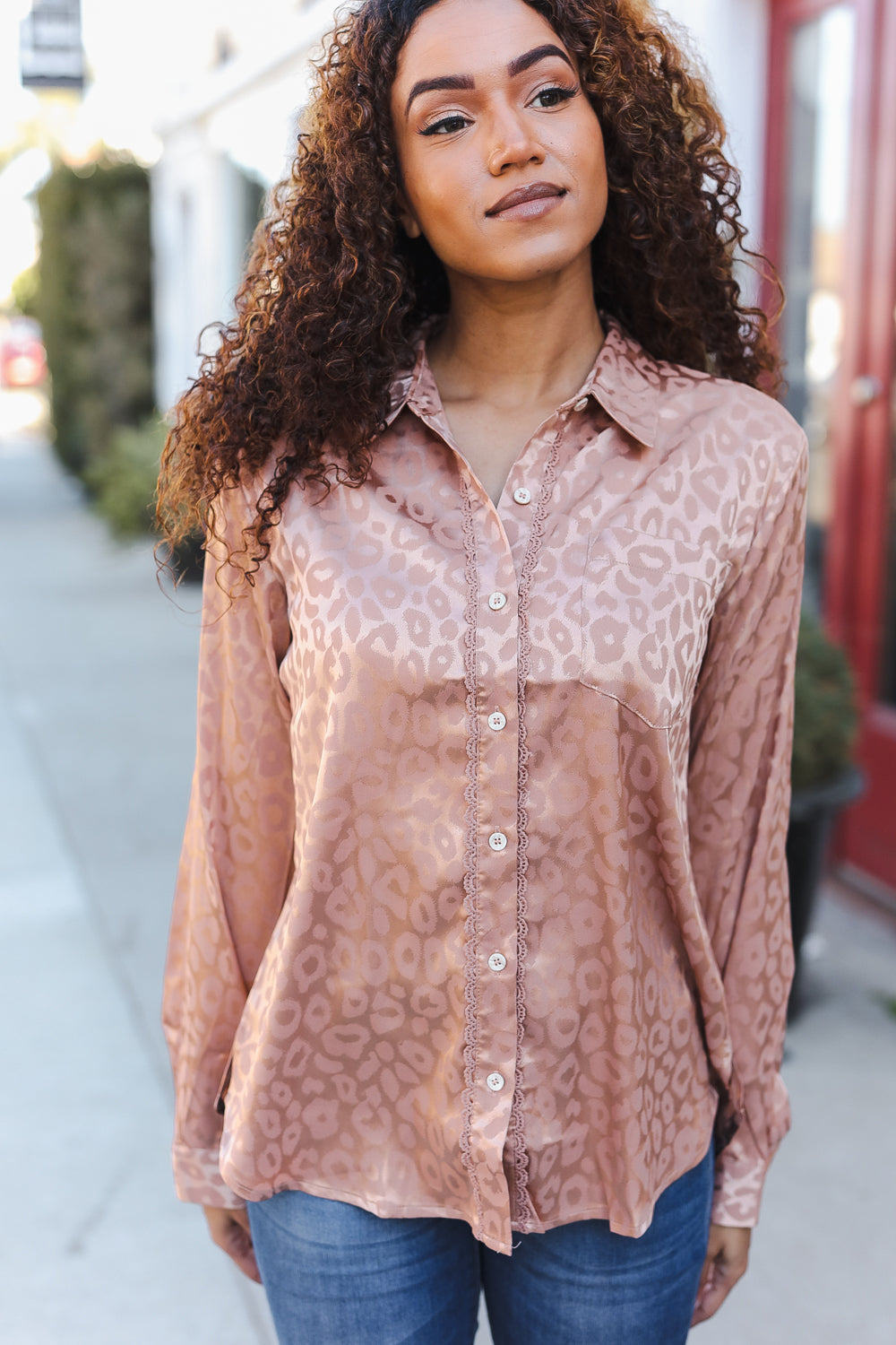 Diva Dreams Neude Animal Print Button Down Lace Shirt Top