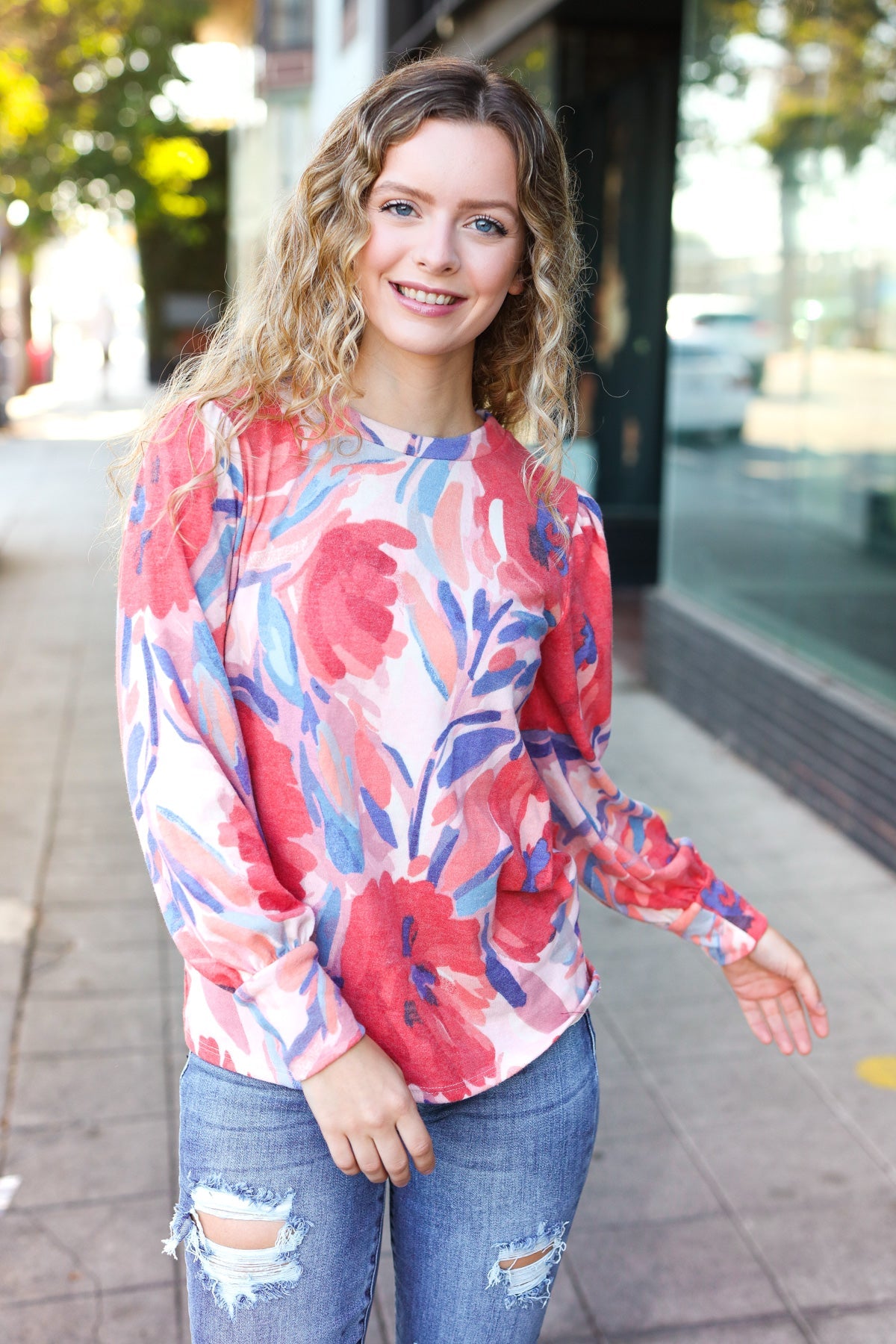 On My Heart Blush Floral Brushed Hacci Sweater Top