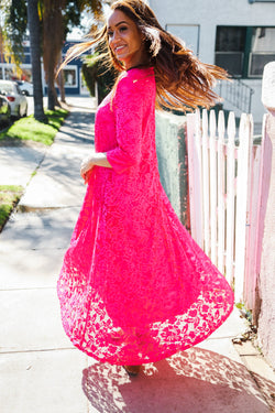 Diva Dreaming Fuchsia Three-Quarter Sleeve Floral Crochet Lined Maxi Dress